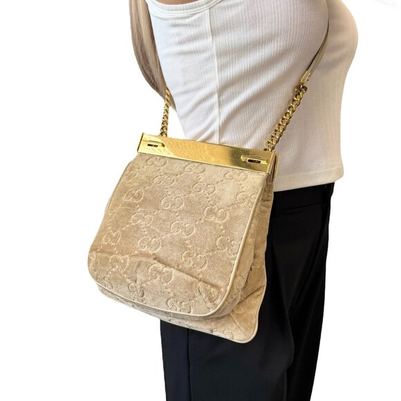 GUCCI Vintage GG Monogram Logo Shoulder Bag Crossbody Cream Gold Velour [105802] - Picture 1 of 13